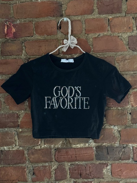 praying Tops - Black Rhinestone 'GOD'S FAVORITE' Cropped Tee - Women's